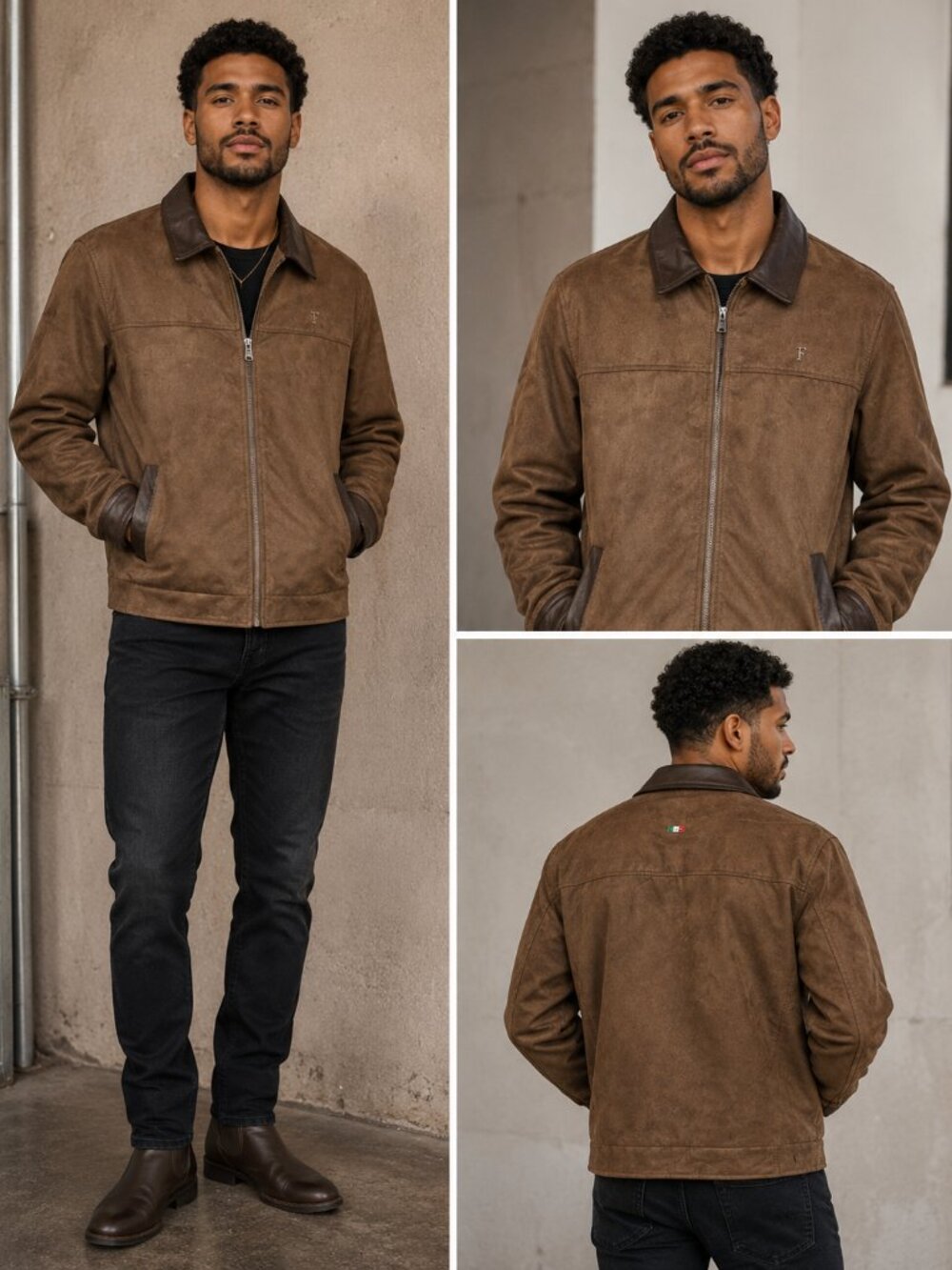 F Collections Made in Italy Brown Faux Suede Mixed-Media Jacket Men’s 3XL